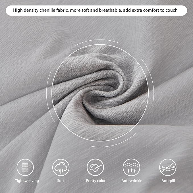DREAMINGO Sofa Covers Washable Thick Chenille Couch Cover for 3 Cushion Couch Sofa Multi-Use Couch Cover Blanket Modern Pet Furniture Protector Sectional Couch Slipcover 91"x134", Light Grey - Image 4