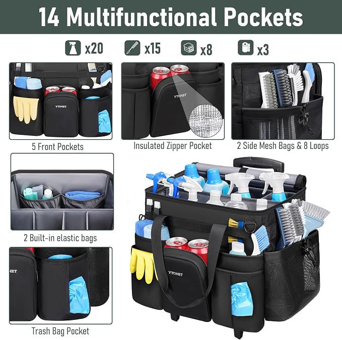 Ytonet XXL Cleaning Caddy with Wheels, Large Rolling Cleaning Caddy Bag with Detachable Trolley for Housekeepers, Water Resistant Cleaner Supplies Organizer with Wheels for Kitchen, Tool Organizer - Image 4
