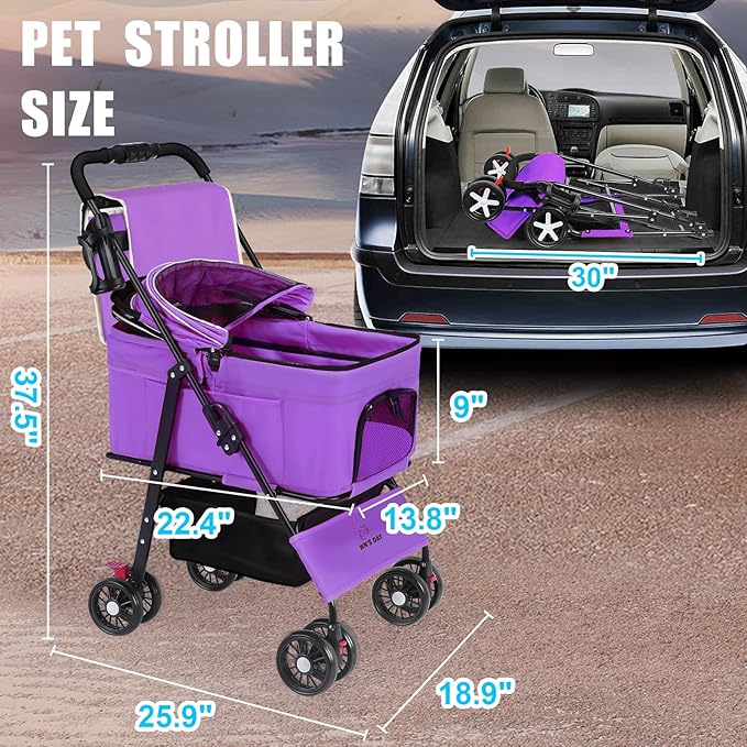 3 in 1 Pet Dog Stroller for Small Medium Dogs 10-50 lbs, Foldable Cat-Strollers for 2-Cats with Removable Carrier, Pet-Strollers for Cats with Storage Bag, Small Puppy-Stroller, Dog-Cart (Purple)
