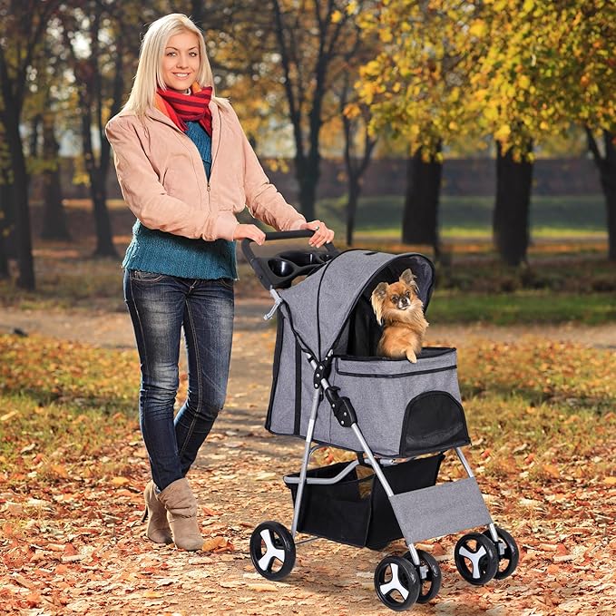 Pet Stroller 4 Wheels Dog Cat Stroller for Small Medium Dog Cats Carrier Jogger Travel Foldable Puppy with Storage Basket and Cup Holder (Grey)