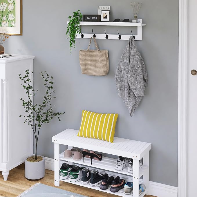 SMIBUY Coat Hooks with Shelf Wall-Mounted, 29.2 Inch Entryway Coat Rack for Wall, Bamboo Hanging Shelf with 5 Double Metal Hooks for Bathroom, Bedroom, Kitchen, Living Room (White + Black) - Image 2