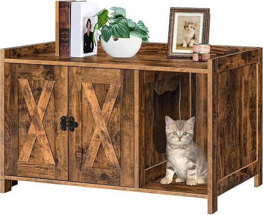 MAHANCRIS Cat Litter Box Enclosure, Hidden Litter Box Furniture with Divider, Indoor Cats House, Wooden Cat Washroom Storage Cabinet Bench, Side End Table Nightstand, Rustic Brown CWHR2501Z by MAHANCRIS