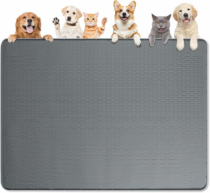 Dog Food Mat 50''x35'' Extra Large Dog Mat for Food and Water, Dark Grey | Silicone Dog Bowl Mat with Raised Edge, Waterproof Non-Slip Pet Feeding Mat for Floors, fit for Dog Cat Bowls by Bartuke