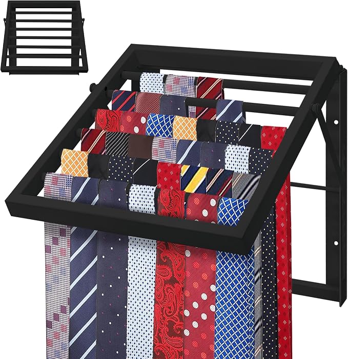 Tie Rack Wall Mounted, Adjustable Angle Tie Organizer for 60 Ties & Scarves | Holds up to 60 Ties, 10 Angle Slots, Wall-Mounted Easy Installation, Long-Lasting Design by Montex