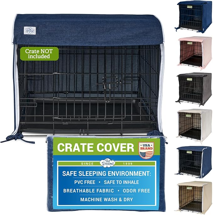 Pet Dreams Dog Crate Cover - Breathable Fabric Kennel Topper for Double-Door Crates, Fits iCrate Dog Cages 18, 24, 30, 36, 42, 48 Inches (Denim, Large, 36") by PetDreams