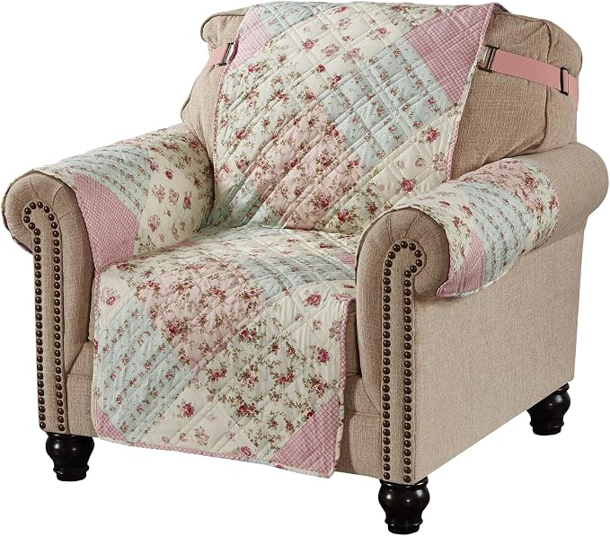 Brilliant Sunshine Pink & Green Roses Couch Armchair Cover, 23" seat | Non Slip Sofa Cover, Patchwork Design, Quilted Furniture Protector, Washable Chair Slipcover for Pets, Dogs & Cats - Image 3
