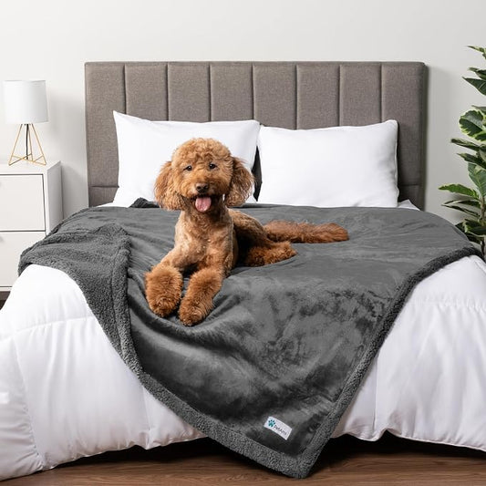 PetAmi Waterproof Dog Blanket for Couch, Queen 90x90, Pee Proof Sherpa Fleece Reversible Pet Throw, Furniture Protector for Bed Sofa, Soft Washable Cover for Large Dogs Cats, Grey Sherpa by PetAmi