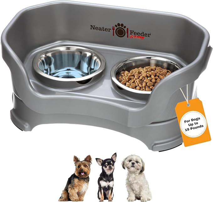 Neater Pet Brands Neater Feeder Deluxe Mess Proof Dog Bowls Elevated for Small Dogs Under 19 lbs, Made in USA, No Spill Raised Dog Food Bowl Stand Feeding Station, Food and Water Bowl Set, Gunmetal by NeaterPetBrands