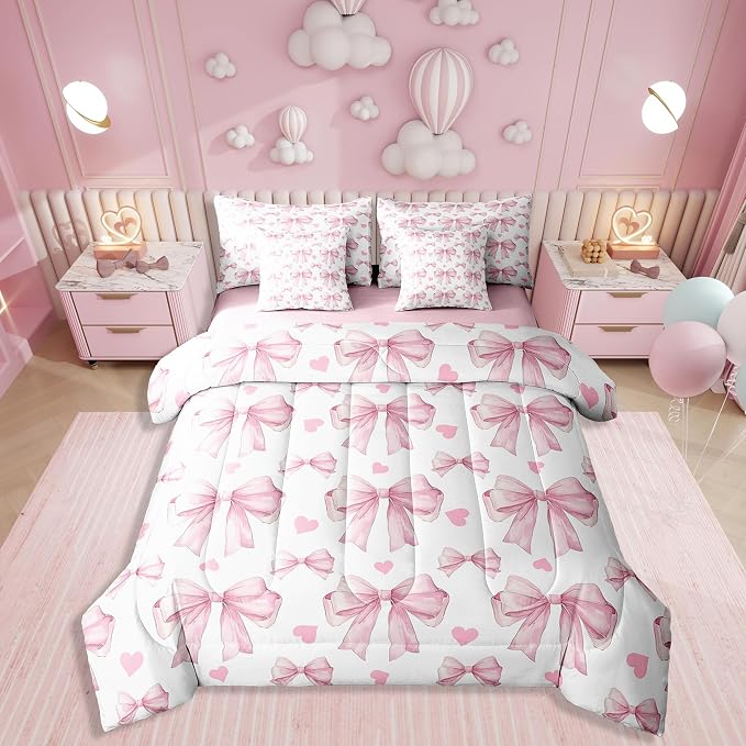 Erosebridal 7 Piece Pink Bowknot Kids Comforter Set King Bed in a Bag,Dreamy Princess Style Girls Bedding Set,Teens Romantic Love Heart Pattern Duvet Insert,Geometric Heart Bow Valentine Sheet Set by Erosebridal