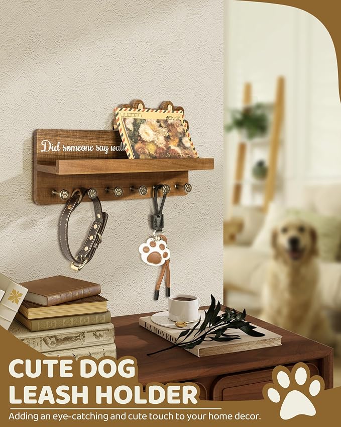 MTERSN Farmhouse Dog Leash Holder for Wall - Decorative Key Hooks Wall Mount with Paw Shape and 6 Unique 3D Hooks - Dog Lover for Home Decor (Acacia Wood) - Image 3
