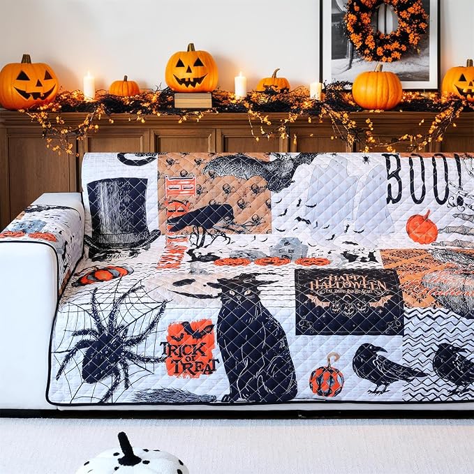 Cmfshape Halloween Skidproof Sofa Cover-Festival Sofa Slipcover with Elastic Straps-Easy Fit Slip Cover-Patchwork Washable Furniture Protector for Pets and Kids(Sofa,Black&Orange) by cmfshape-quiltset