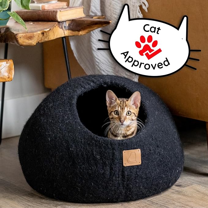 Best Aesthetic Cat Bed - Premium Felted Wool Cat Cave Bed - Cozy Peekaboo Round Cave for Large or Small Cats (Small, Night Black) - Image 2