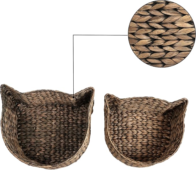BSK4001B-2SET Feliz Cat-Shaped Hand Woven Water Hyacinth Nesting Pet Toy Organizer Baskets, Cay Storage Box for Living Room, Brown (Set of 2) - Image 3