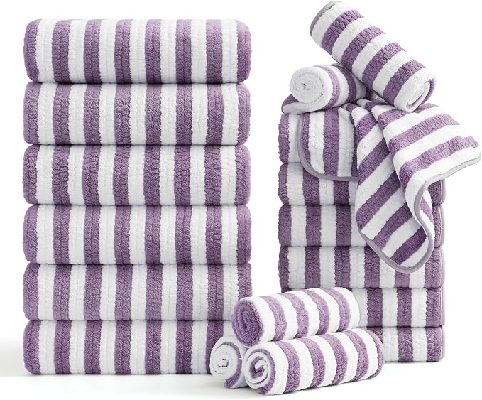 Smuge 18 Pcs Bath Towel Set, Include 6 Bath Towel Sheets, 6 Hand Towels and 6 Washcloths - Highly Absorbent Quick Dry Microfiber,Ultra Soft Bathroom Towel Set with Hanging Loop - Dark Purple by Smuge