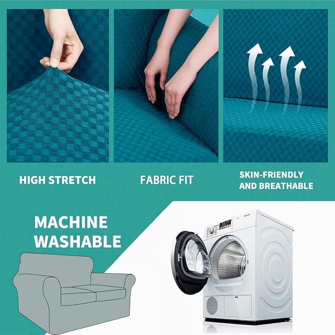 YEMYHOM Latest Checkered 3 Pieces Couch Covers for 2 Cushion Couch High Stretch Thickened Love Seat Sofa Cover for Dogs Pets Anti Slip Elastic Loveseat Slipcover Protector (Teal), 55"-69"(2 Cushions) - Image 5