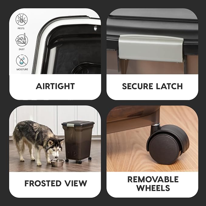 IRIS USA Airtight Dog Food Storage Container, WeatherPro, Up to 40 lbs, Removable Wheels, for Dog Cat Bird and Other Pet Food Storage Bin, Keep Fresh, Translucent Body, Made in USA, Smoke/Black - Image 4