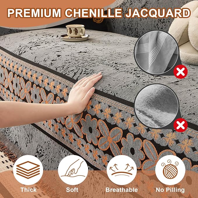 STACYPIK Vintage Floral Couch Cover for Pets, Countryside Aesthetic Gray Sofa Cover for 2 Cushion Couch, Chenille Pet Loveseat Protector for Sectional, Reversible Sectional Slipcover Blanket-71X118IN - Image 3