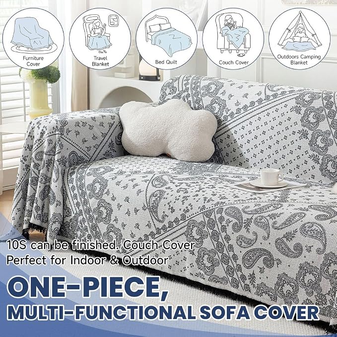 ROOMLIFE Black Couch Covers for Sofa, Sofa Covers Washable Non Slip Furniture Protector Couch Sofa Covers for 3 Cushion Couch, Breathable Sofa Slipcovers Couch Cover Blanket with Tassels 71" X 150" - Image 4