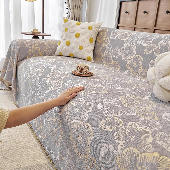 STACYPIK Floral Jacquard Gray Sofa Cover Couch Cover for 3 Cushion Couch Washable, Non Slip Sectional Slipcover for L Shaped, Vintage Botanical Floral Sofa Slipcover Chenille Throw Blanket-71X134IN - Image 2