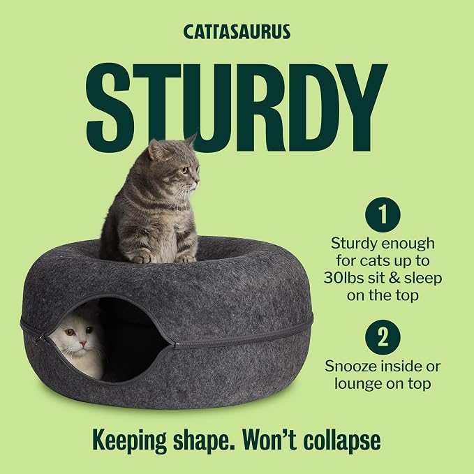 Cattasaurus Peekaboo Cat Cave Donut for Multiple & Large Cats up to 30-45 lbs, 3-in-1 Self Warming Cat Bed, Tunnel & Scratcher for Indoor Cats, Washable & Detachable (Dark Gray + Dark Gray, Large) - Image 7