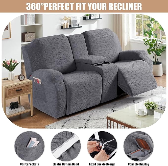 VANSOFY Stretch Recliner Loveseat Cover with Middle Console, Dark Gray | 4-Pieces, Soft Furniture Protector, Washable Slipcover with Pocket, Pets Sofa Cover, High Stretchy fabric Couch Cover - Image 5