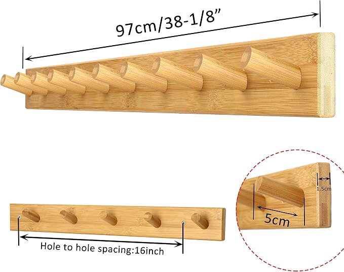 WEBI Coat Rack Wall Mounted,10 Hooks,38" Long Coat Hanger Wall Mount,Peg Rail Hat Hooks for Hanging Caps,Jacket,Clothes,Coats,Natural - Image 4