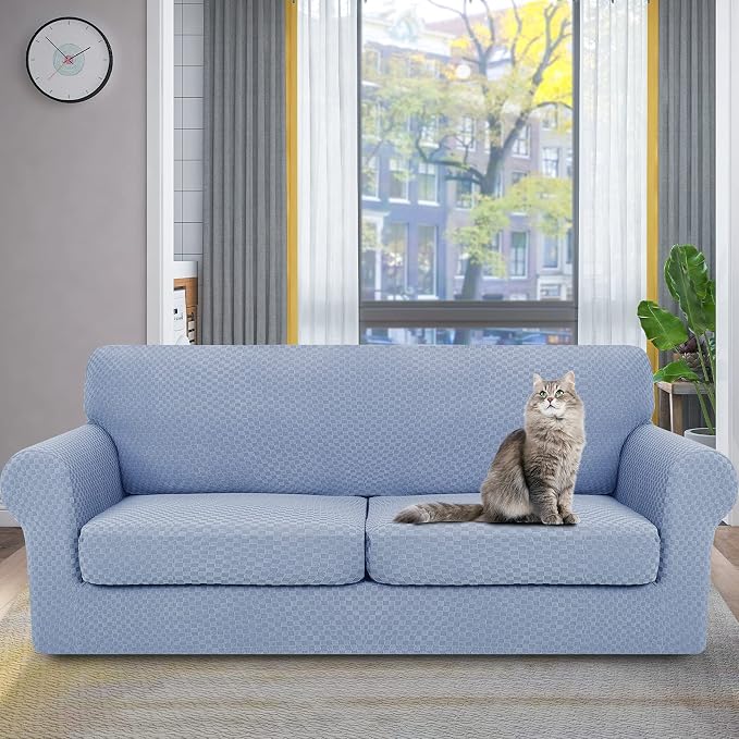 YEMYHOM Latest Checkered 3 Pieces Couch Covers for 2 Cushion Couch High Stretch Sofa Cover with 2 Extra Large Seat Cushion Covers Anti Slip Elastic Slipcovers (Light Blue), 71"-91"(2 Cushions) - Image 2