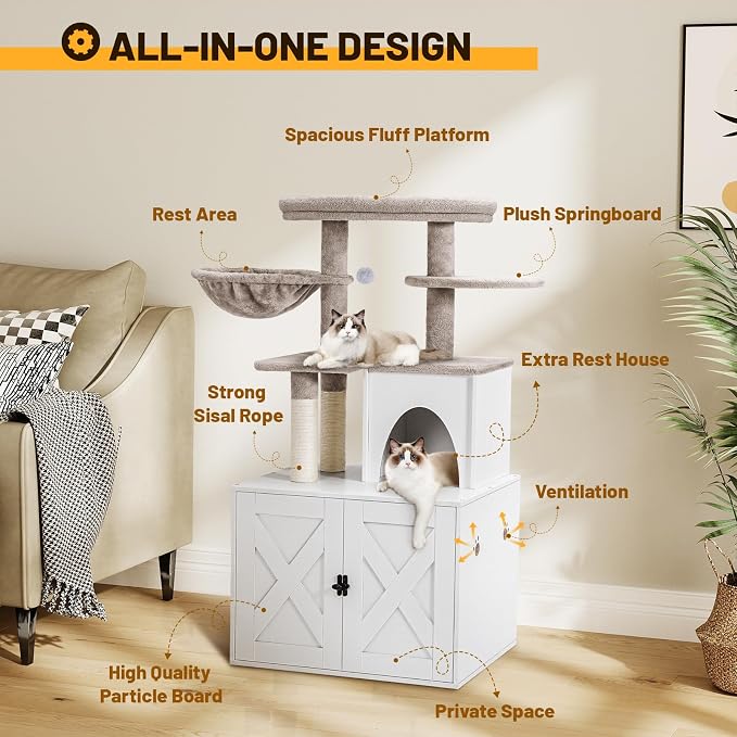 Snughome Cat Litter Box Enclosure with Cat Tree Tower and Condo, Hidden Washroom Furniture with Sisal Scratching Post and Soft Plush Perch, Wooden Cat Furniture with Multiple Platforms, White - Image 5
