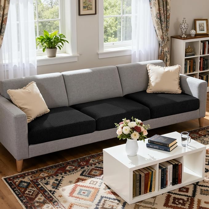 CHUN YI 3 Piece Couch Cushion Covers for XL-Sofa Seat Slipcovers Suitable with Spandex Jacquard Washable Fabric (3 Piece XL-Sofa Cushion Covers, Black) - Image 4
