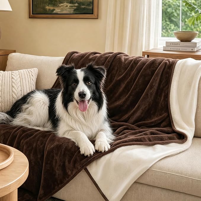 LOOBANI Waterproof Pet Blanket for Couch, Throw Size 50"x60", Coffee | Double-Side Liquid Proof Cozy Flannel, Reversible, Stain-Proof Couch Cover for Small Medium Dogs Bed Crate Furniture - Image 2