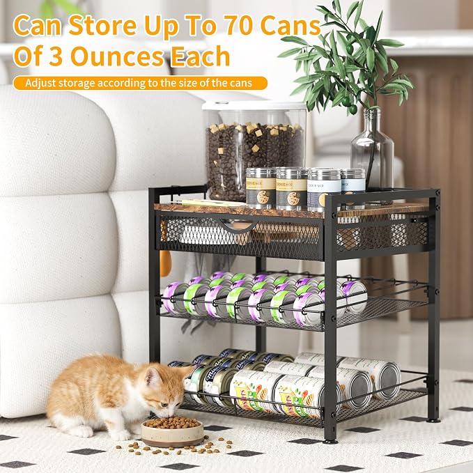 Cat Food Organizer，2 Floors Bring Drawer Storage Rack, Manually Adjust The Gap Size，Store Suitable Can Sizes Container，Automatic Slip Design，Suitable For Pet Food Canned Food Dispenser - Image 3