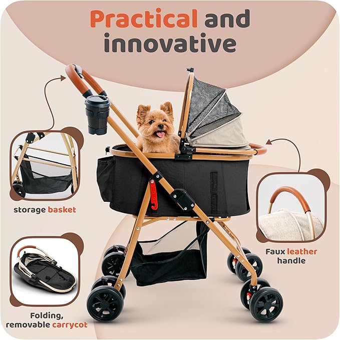 Pet Stroller for Small Medium Dogs & Cats – 2-in-1 Detachable Carrier, Zipperless Entry, Lightweight Folding Travel Stroller with Storage Basket, Cup Holder, Black&Beige