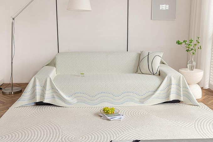 STACYPIK Summer Cooling Ice Silk Sofa Cover, Couch Cover for Sectional, Breathable Ice Silk Sofa Slipcovers for 3 Cushion Couch, Texture L Shape Protector Blanket for Pet & Hot Sleepers, Blue-71X134IN by STACYPIK