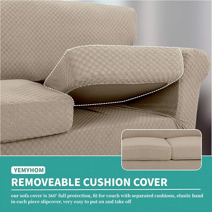 YEMYHOM Latest Checkered 3 Pieces Couch Covers for 2 Cushion Couch High Stretch Sofa Cover with 2 Extra Large Seat Cushion Covers Anti Slip Elastic Slipcovers (Khaki), 71"-91"(2 Cushions) - Image 4