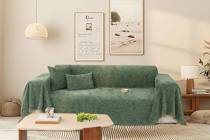 Forest Green Soft Thick Slub Chenille Couch Cover XL 71x134 in | for All Shape Sofa Couch Furniture Protector, Green Sofa Slipcover Protector for Dogs Pets Kids by TOYROOM