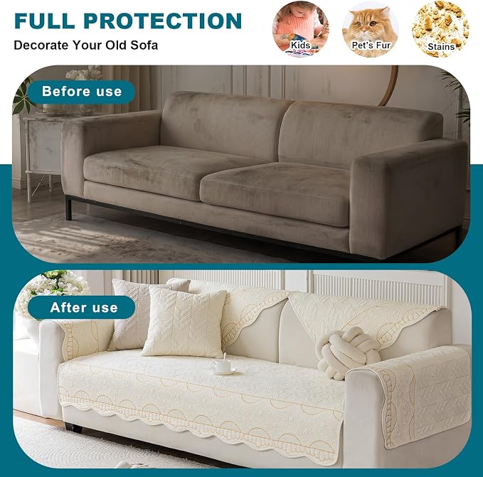 KRFOONN Cotton Quilted Dog Couch Cover for Sofa (01, 2PC 27.6" x 27.6") | Farmhouse Embroidery Sectional Couch Cover Washable, Soft Non Slip Sofa Slipcover Cushion Furniture Protector for Kids, Pets - Image 5