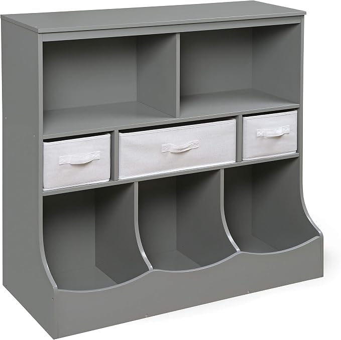 Badger Basket Combo Toy Storage Organizer and Bookshelf - Kids Storage Unit with 3 Removable Baskets, Open Shelves, Top Display Surface - Gray by BadgerBasket