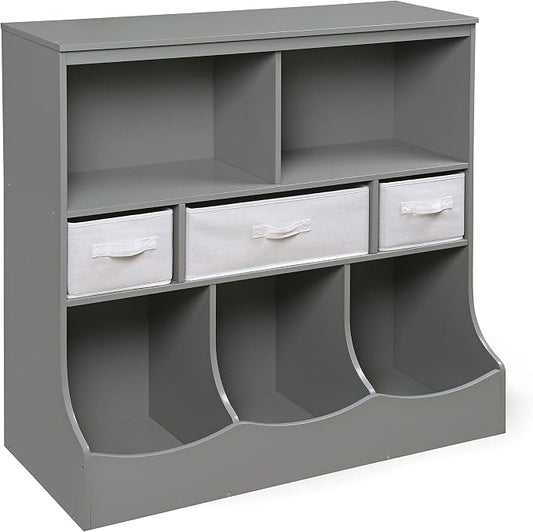 Badger Basket Combo Toy Storage Organizer and Bookshelf - Kids Storage Unit with 3 Removable Baskets, Open Shelves, Top Display Surface - Gray by BadgerBasket