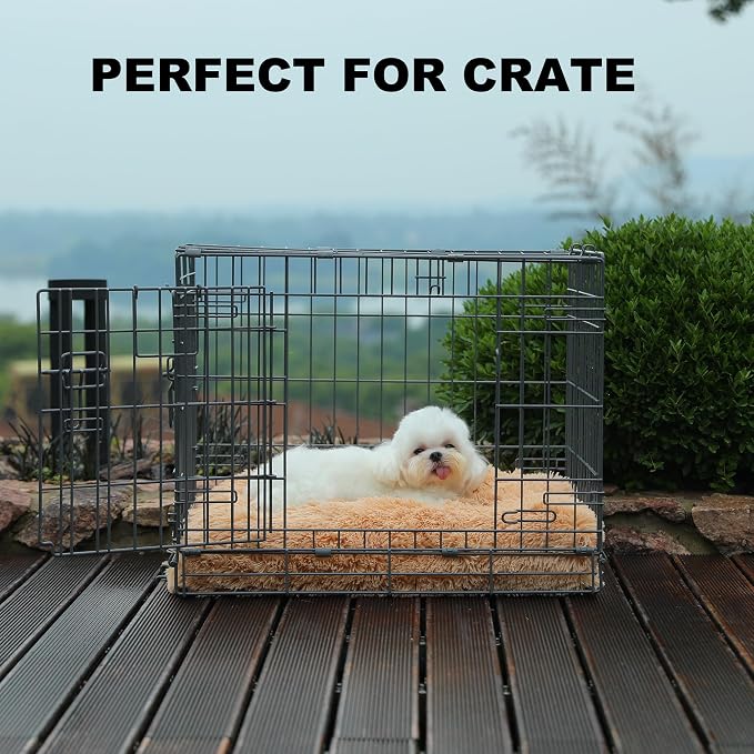 Bedfolks Plush Waterproof Dog Crate Bed, Removable Washable Cover, Faux Fur, Fluffy Kennel Bed 17"x12", Camel - Image 3