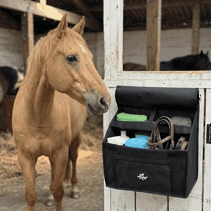 Stall Front Organizer Bag, Black, Multi-Compartment Storage, Horse Grooming Supply Holder with Top Loading Design - Image 4