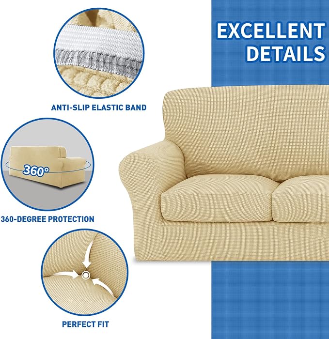 MAXIJIN 4 Piece Couch Covers for 3 Cushion Couch Super Stretch Sofa Cover for Dogs Pet Proof Fitted Furniture Protector Spandex Jacquard Non Slip Magic Couch Slipcover Washable (Large, Beige) - Image 5