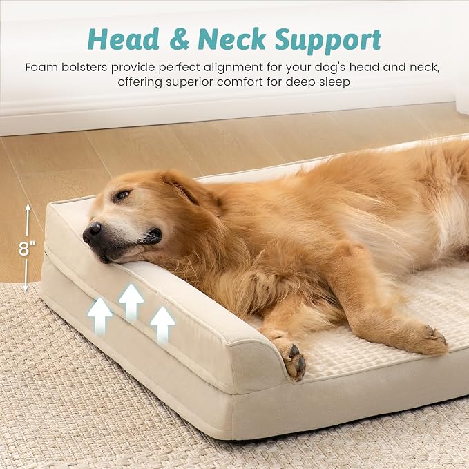 COZY KISS Orthopedic Dog Bed for Extra Large, XXL Dogs Bed, L Shaped Foam Anti-Slip Bottom Giant Pet Cat Sofa with Washable Cover, Suitable for Pet Up to 150 lbs, 48x35x8 inch, Beige ﻿ - Image 3