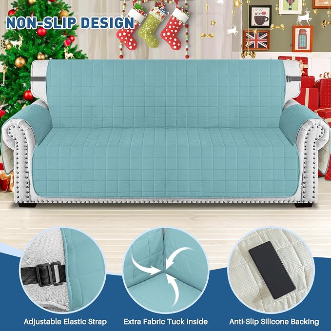 MAXIJIN Waterproof Couch Covers for 3 Cushion Couch Sofa Pet Friendly, 69" Quilted Sofa Covers Washable Dog Couch Cover Protector with Elastic Strap & Side Pocket (Sofa, Clear Blue New) - Image 4
