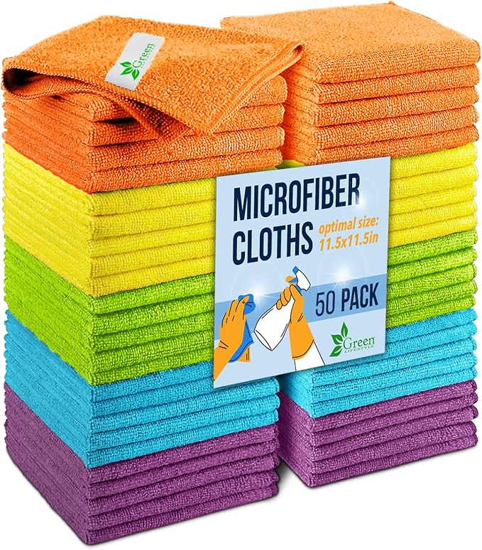 GREEN LIFESTYLE Microfiber Cleaning Cloth 11.5" x 11.5" 50 Pack - Edgeless Microfiber Towels for Cars, Cleaning Rags, Lint Free Car Microfiber Towel, Reusable Cleaning Cloths (Multicolor) by GreenLifeStyle