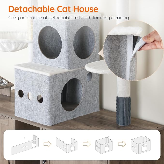 HOOBRO Cat Tree with 47.2" Dual Litter Box Enclosure, 63.4" Tall Multi-Functional Tower for Cats, Hidden Litter Box Enclosure Furniture, with Feeding Bowls, Scratching Posts, Hammocks, Greige BG23MZ03 - Image 9