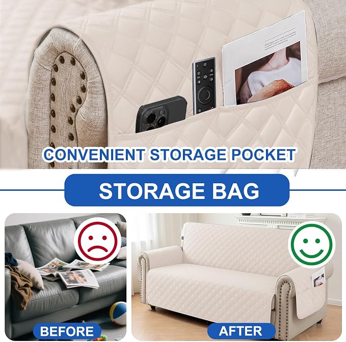 Waterproof Couch Cover for Pets Large, Sofa Covers for 3 Cushion Couch Washable, Non Slip Couch Covers for Dogs with Side Pockets, Quilted Couch Covers (Oversized Sofa, Beige) - Image 5