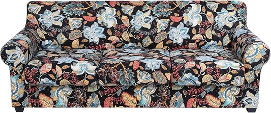 hyha Stretch Couch Covers, Sofa Cover for 3 Cushion Couch Pet Friendly | Floral Pattern, Printed, 4 Pieces, 3 Separate Cushion Sofa, Durable Anti-slip Washable Protector with Elastic Bottom for Dogs by hyha