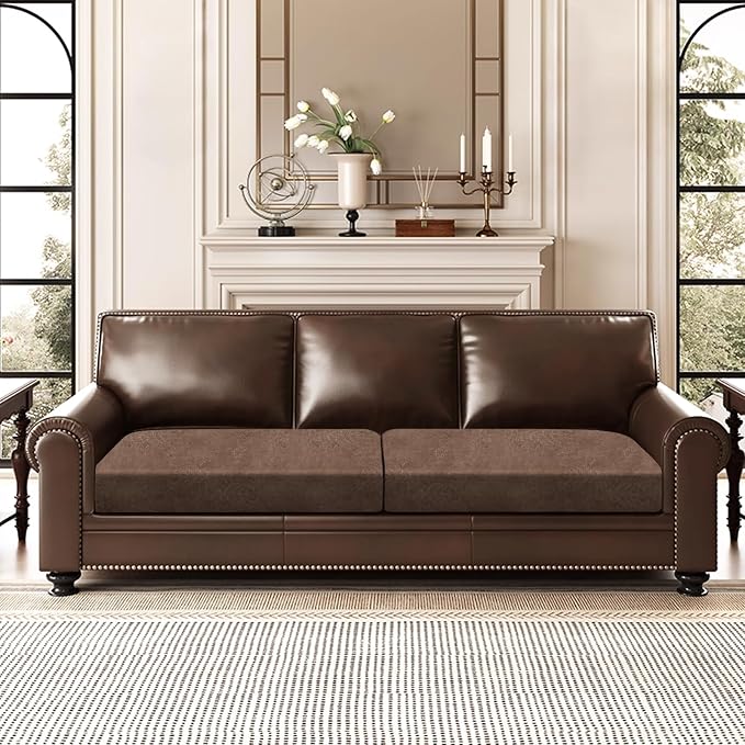 ANARACHON Leather Look Couch Cushion Covers Sofa Seat Slipcovers Sets Couches Furniture Protector for Sectional Armchair Loveseat Pets Kids Stretch Spandex Fabric (2 Cushion Sofa, Brown) - Image 2