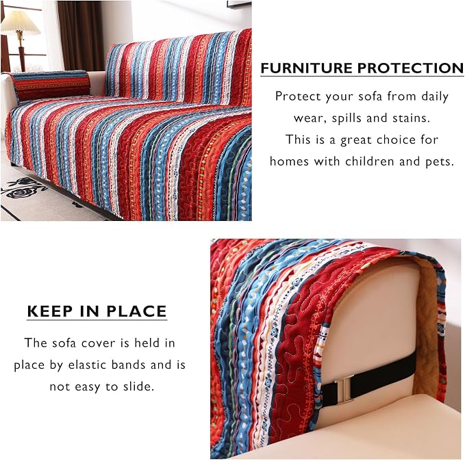 Cmfshape Skidproof Sofa Cover-Boho Sofa Slipcover with Elastic Straps-Easy Fit Slip Cover-Bohemian Washable Furniture Protector for Pets and Kids(Sofa128 x75,Blue) - Image 3