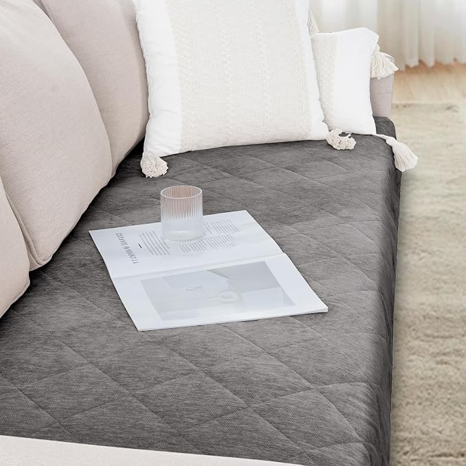 Couch Covers for Dogs Chenille Sofa Covers for 3 Cushion Washable Quilted Checkered Fuzzy Pet Couch Cover Soft Couch Protector Non-Slip Sofa Pads for Puppy Cat Kids(34.5" x 70",Light Grey) - Image 4